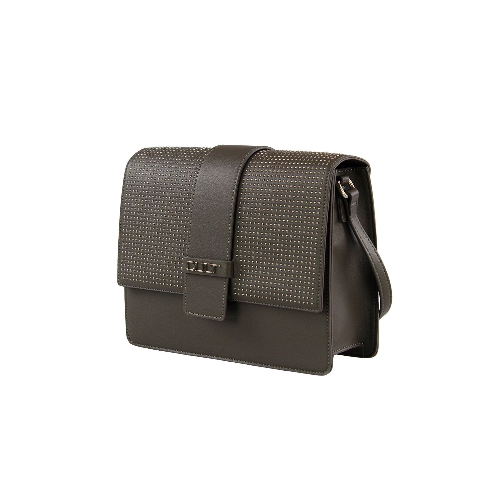 Bolso CULT que grita Oficialmente Rebelde en gris oscuro con solapa perforada frontal.