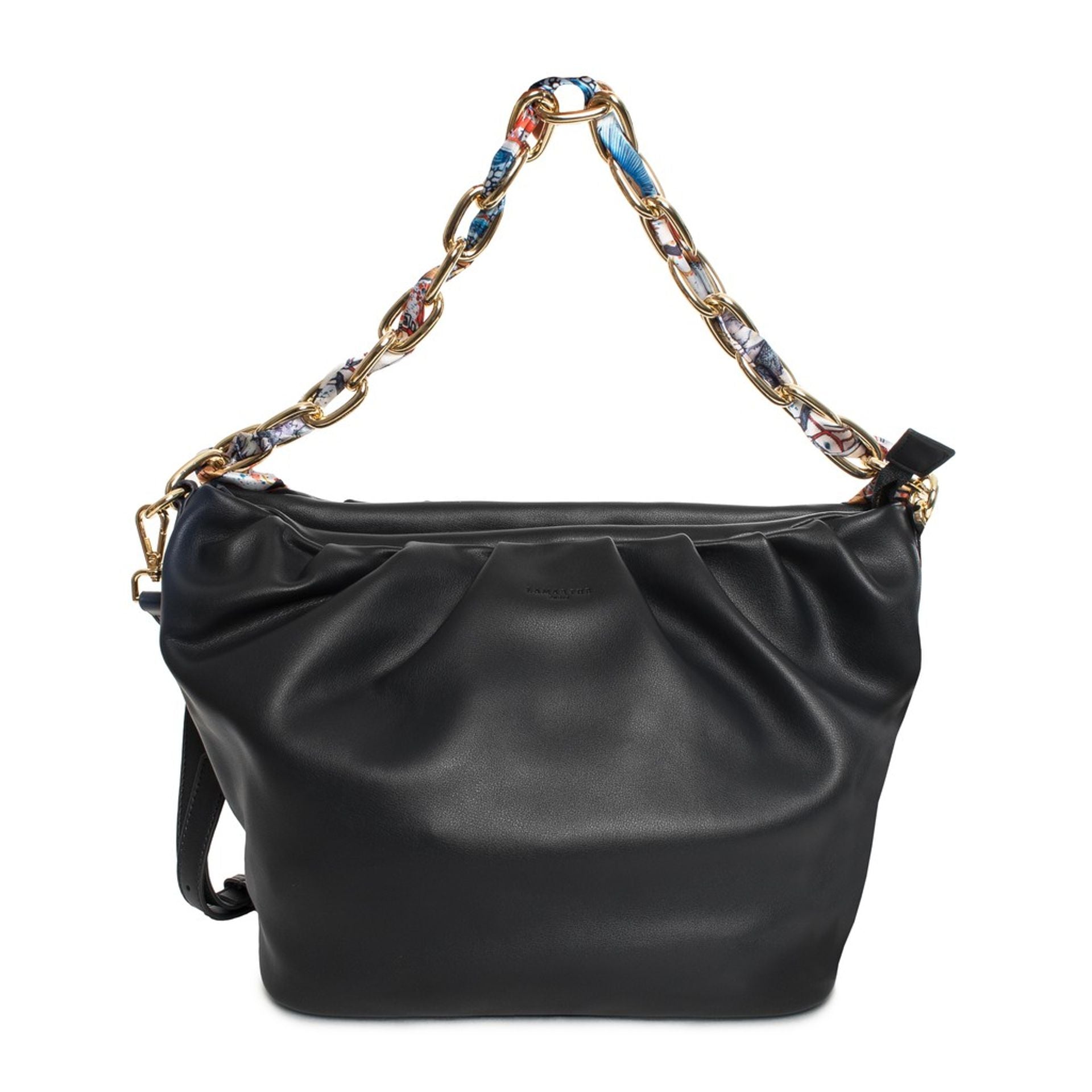 Bolso Lamarthe Afrodite negro de piel con asa de cadena dorada y pañuelo estampado