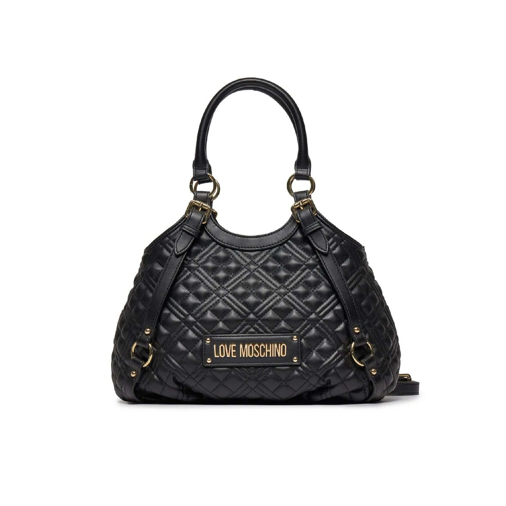 Vista frontal del bolso Love Moschino negro con logo dorado.