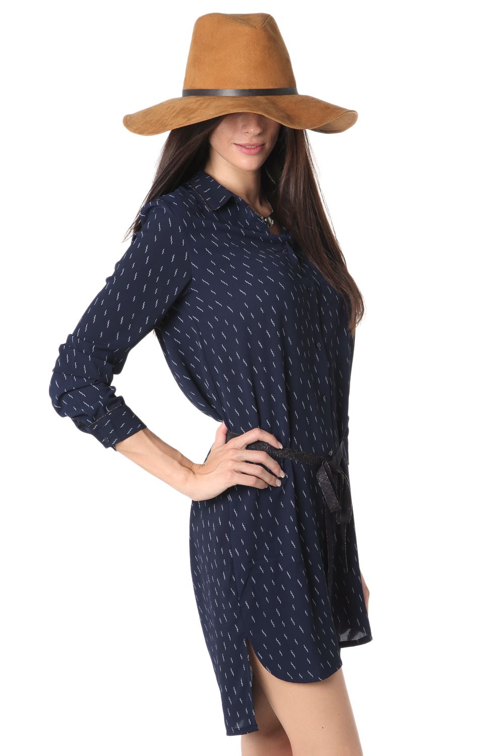 Q2 Camisa jaspeada azul marino con largo 3/4 y cordón ajustable
