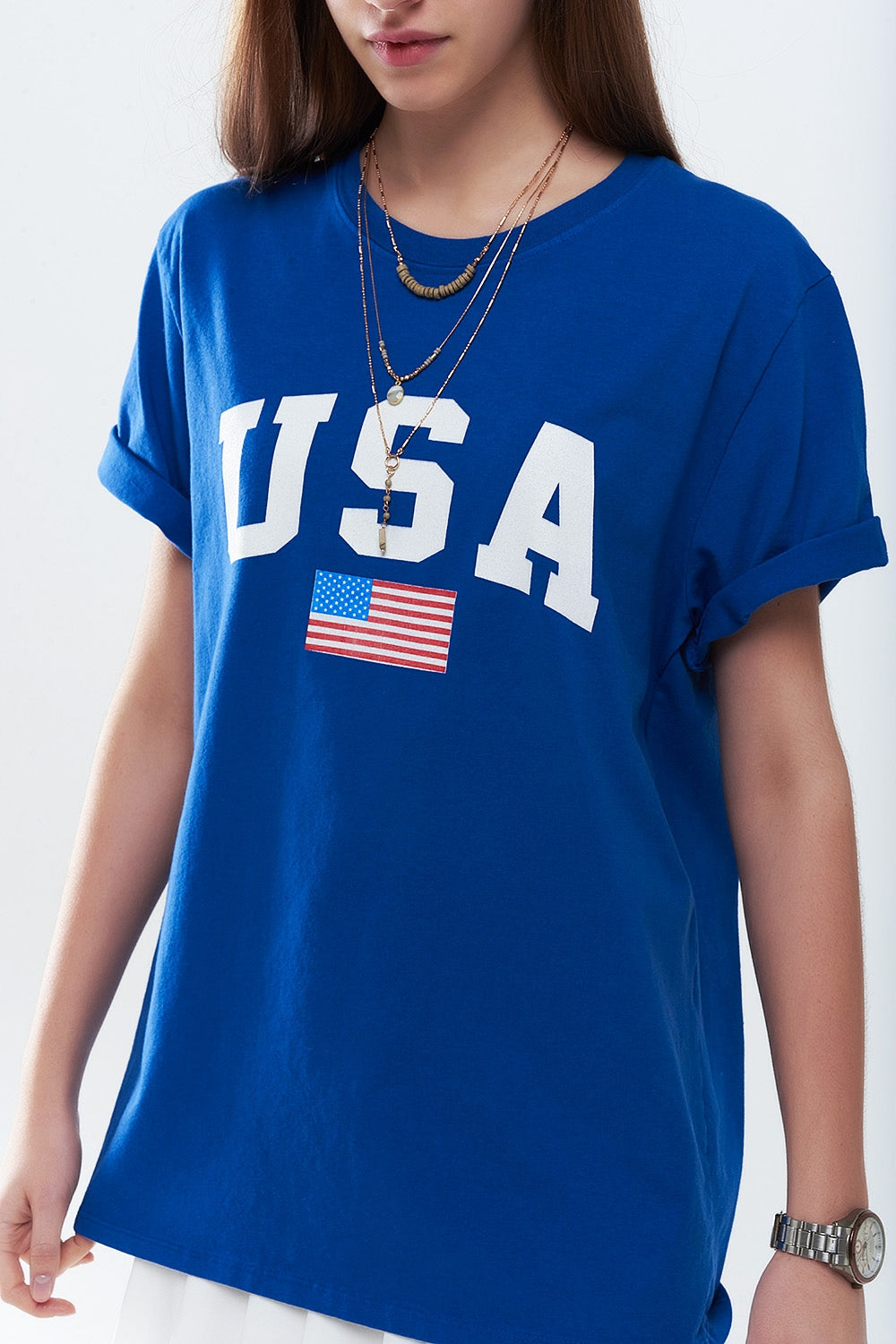 Q2 Camiseta larga holgada azul con logotipo de USA