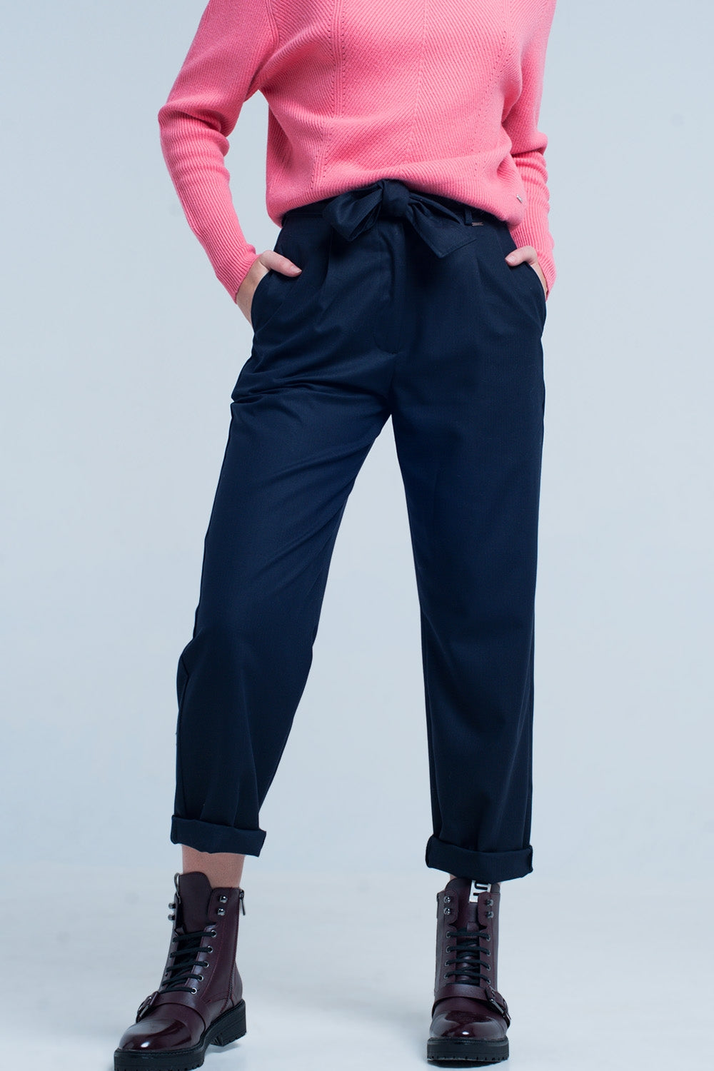 Q2 Pantalon ancho recto azul marino con lazo