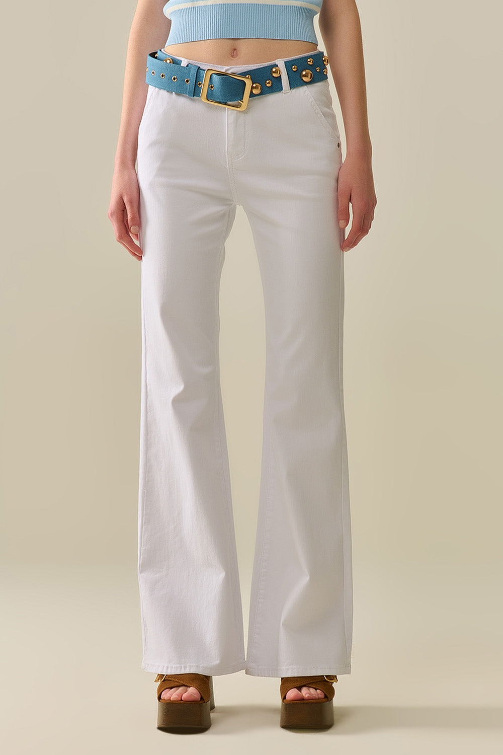 Q2 Pantalones Blancos Acampanados Cómodos y Elásticos