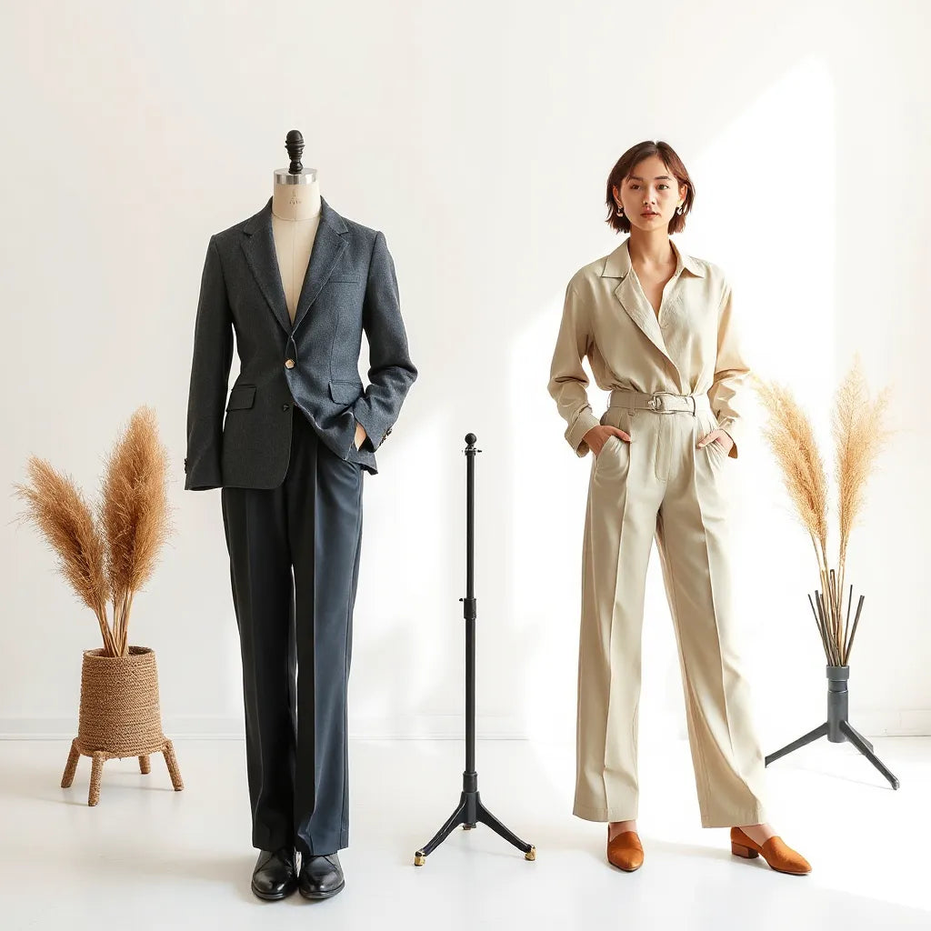 Modelo con pantalones de moda de corte moderno en estudio minimalista con luz suave