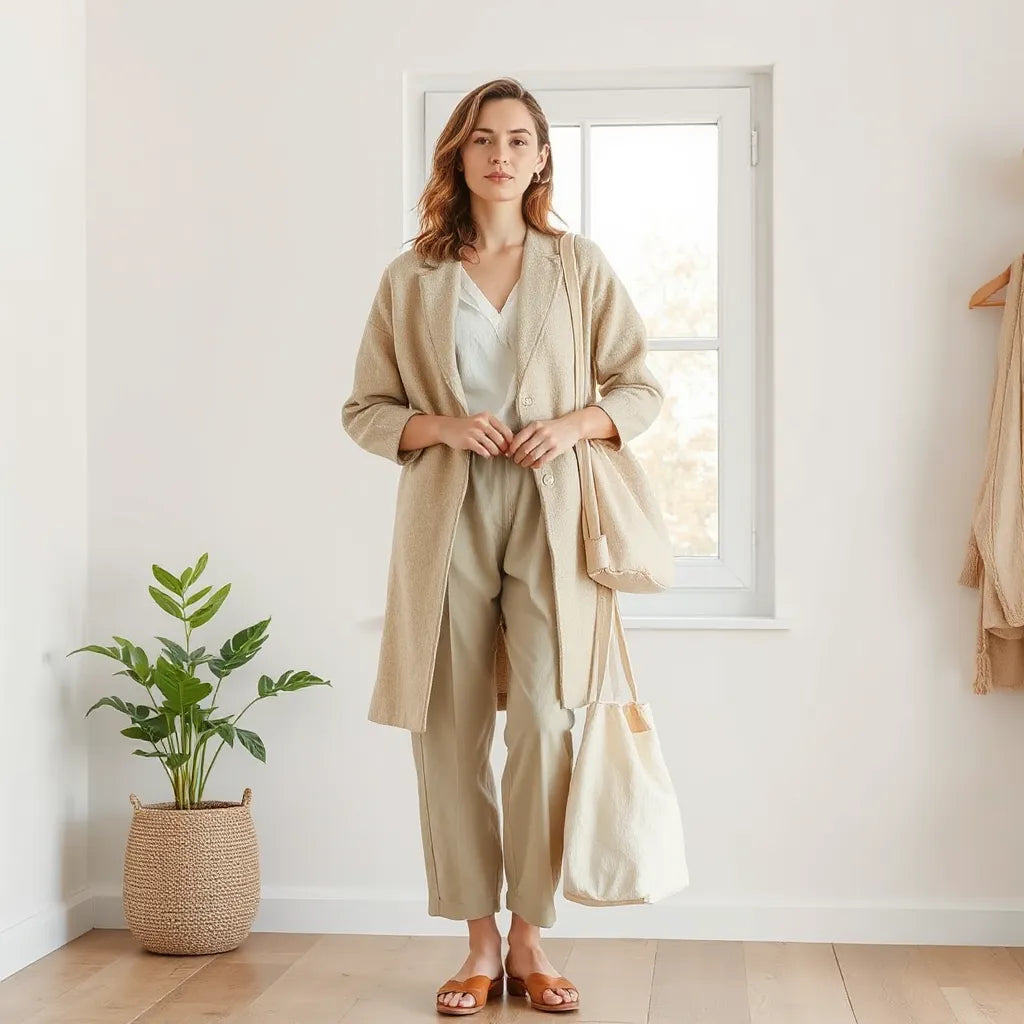 Mujer con un look elegante de tejidos naturales, colores neutros y un bolso minimalista