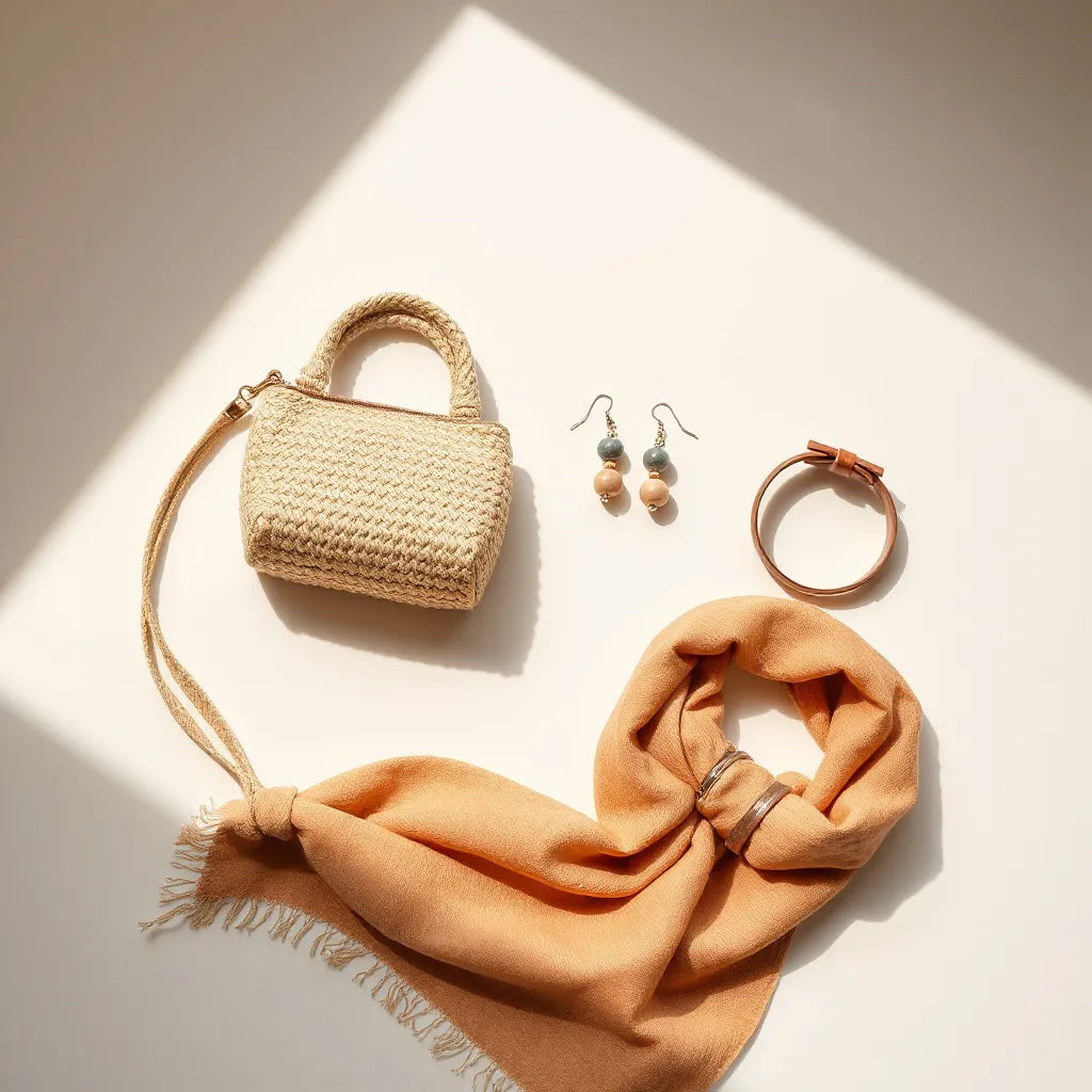 Accesorios de moda artesanal en mesa de lino: pulsera de cuero, aretes, anillo y bolso tejido