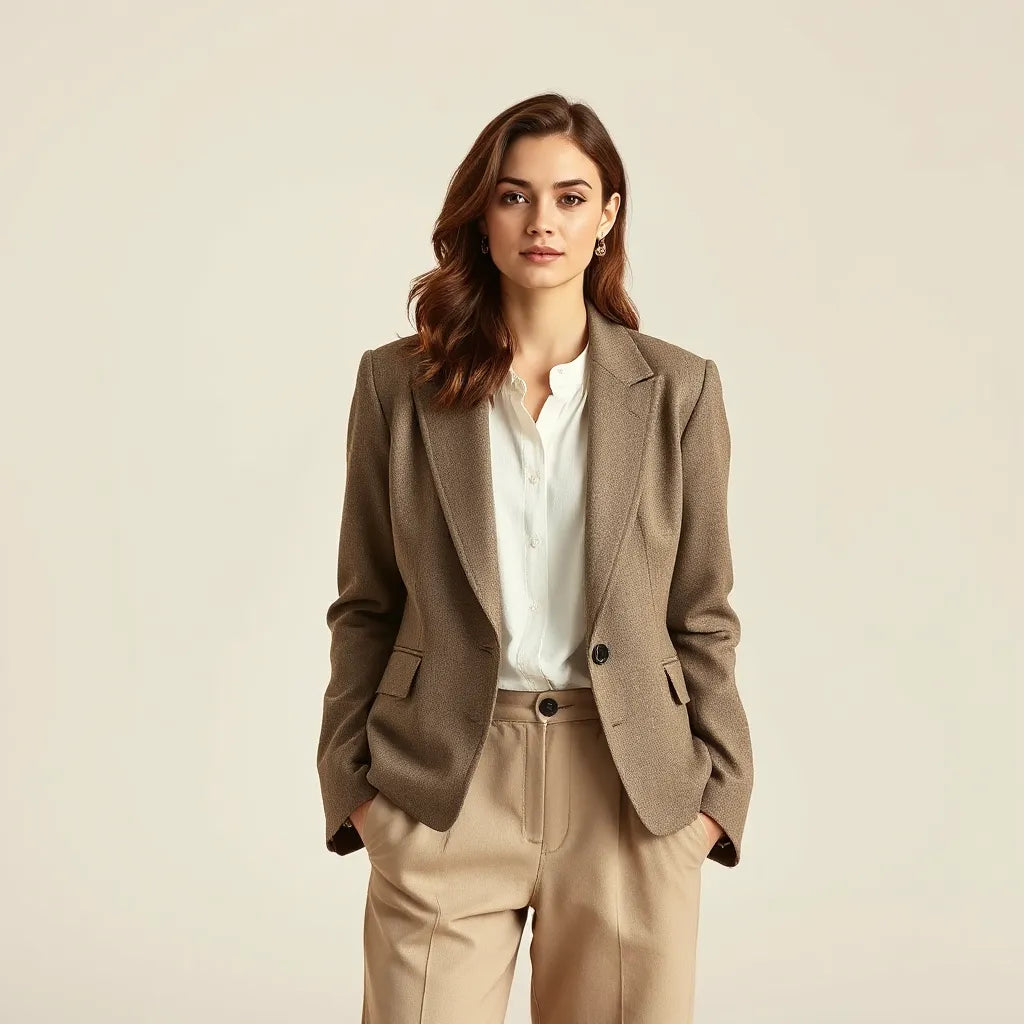 Mujer con chaqueta elegante entallada en estudio con luz natural y fondo neutro