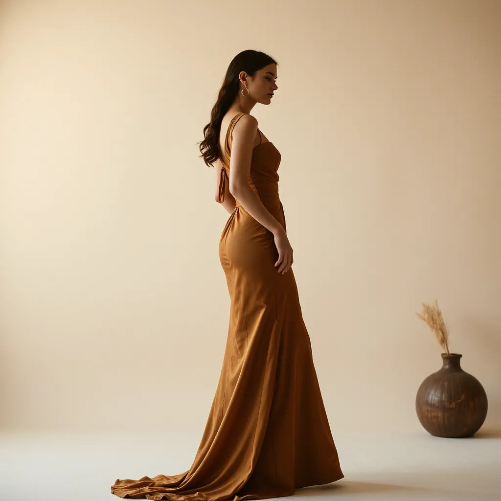 Vestido de noche elegante con escote y tela brillante, en un entorno minimal con iluminación suave