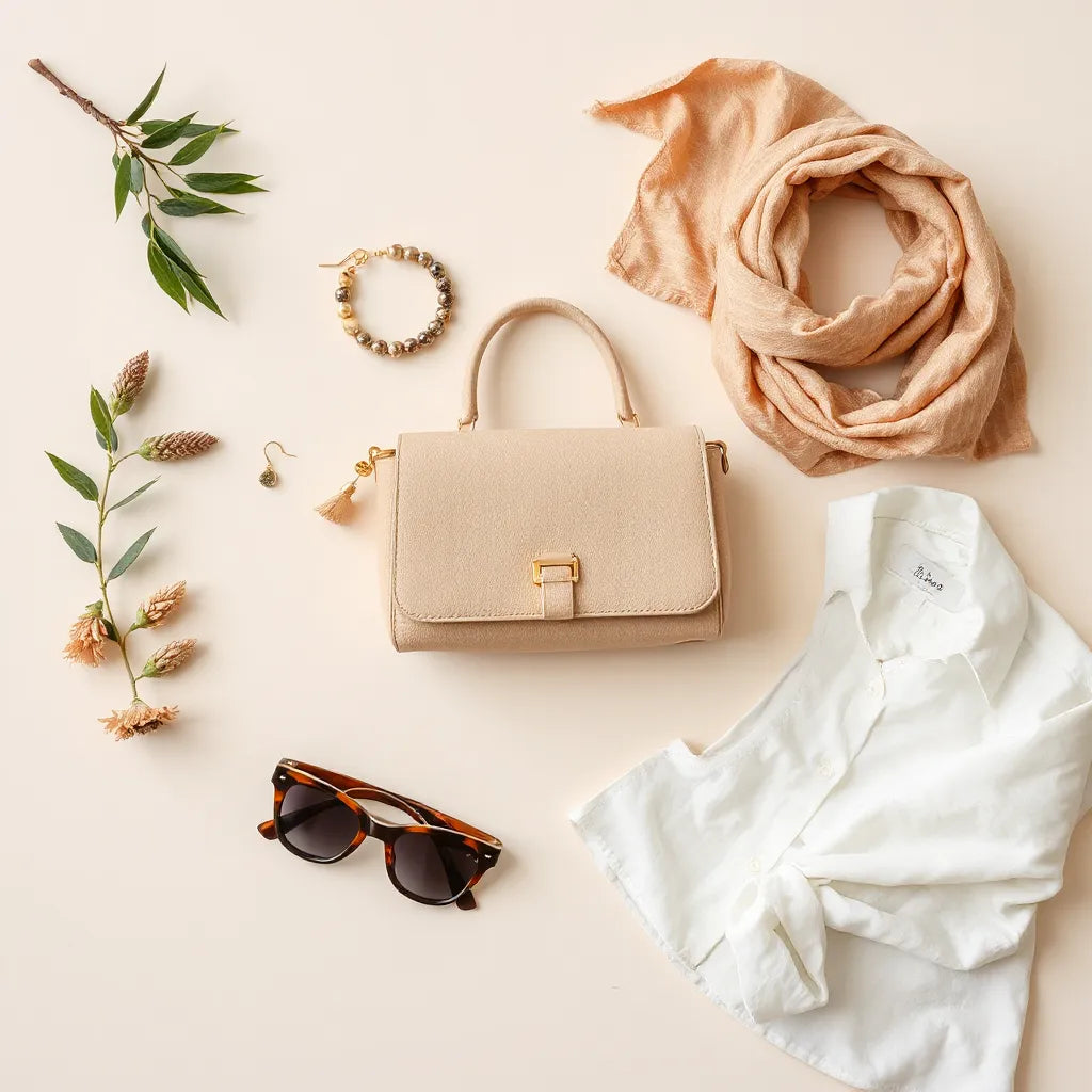 Colección de complementos de mujer como pendientes, pulsera, pañuelo, bolso y cinturón sobre fondo claro