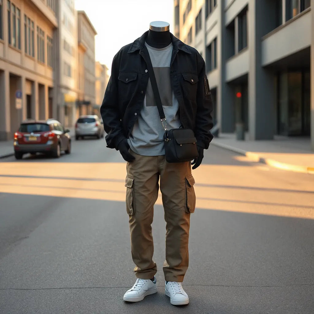 Outfit de moda urbana contemporánea con chaqueta ligera, camiseta y zapatillas en una calle urbana