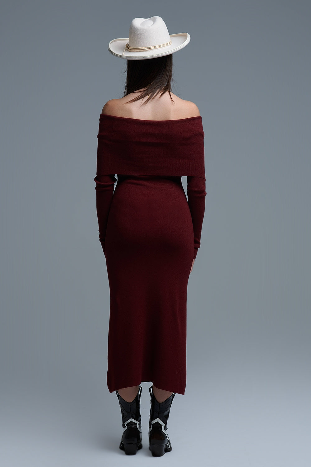 Vestido maxi con cuello Bardot ancho de punto en burdeos