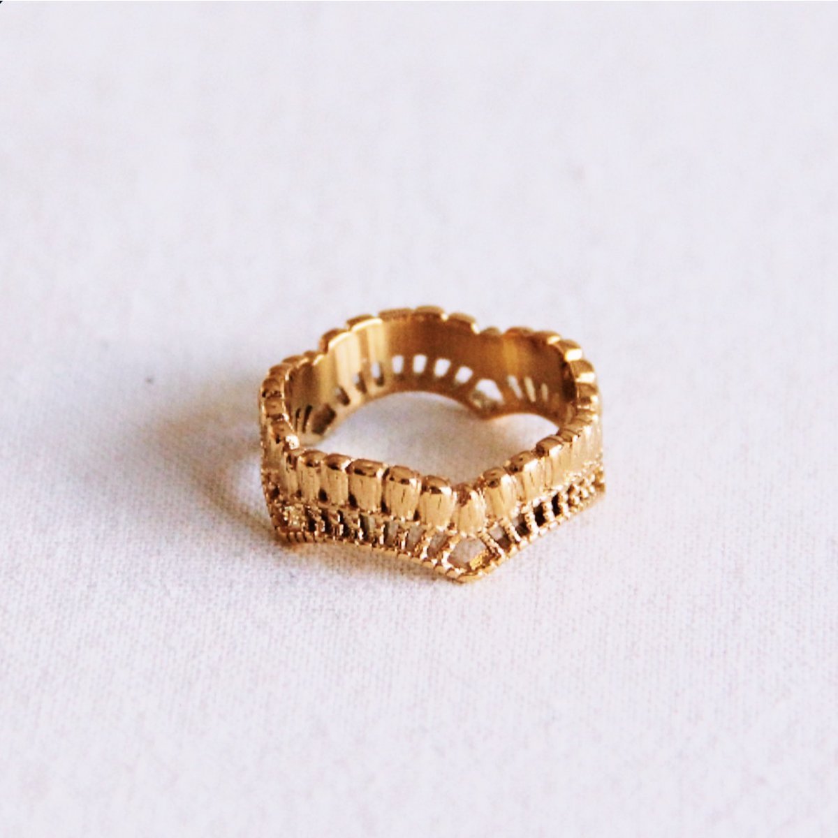 Anillo de acero inoxidable dorado con forma de V estilo chevron y diseño calado tipo corona barroca.