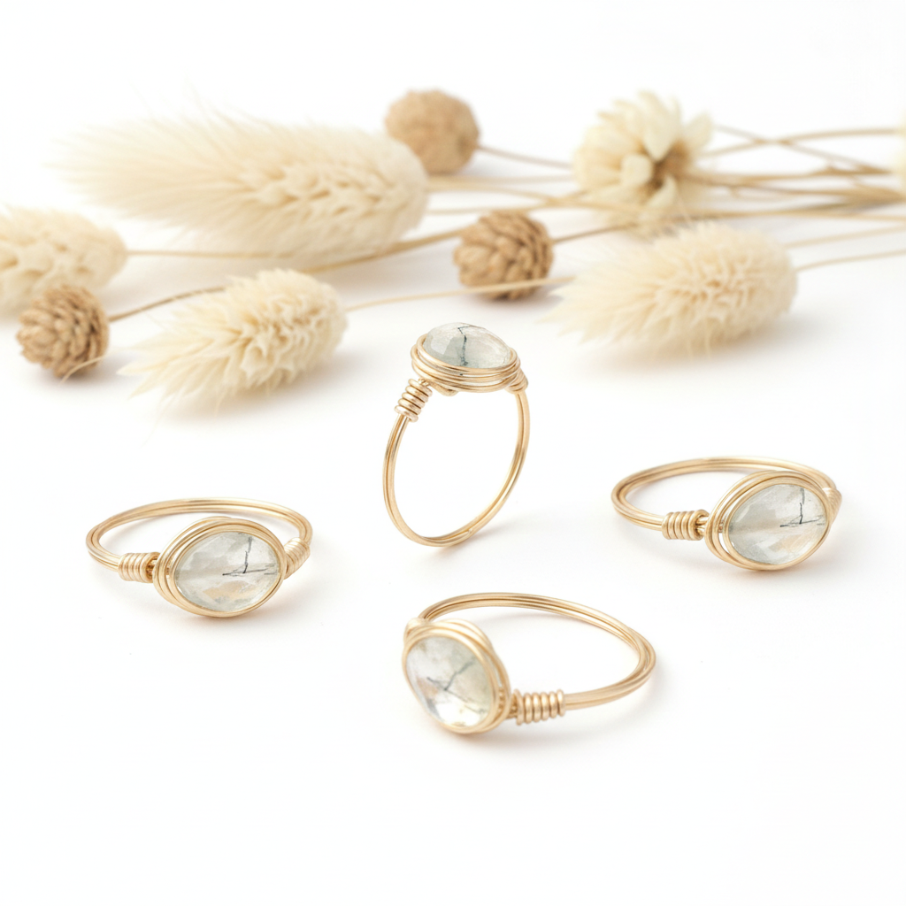 Anillo artesanal dorado con piedra natural de prenhita oval facetado.