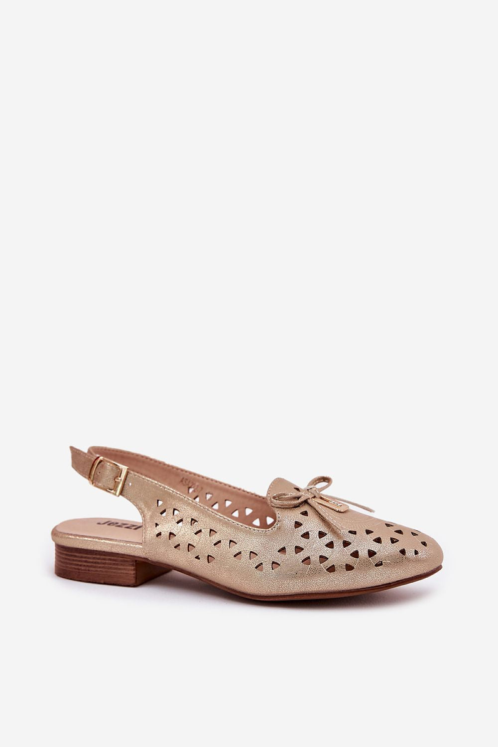Zapatos planos dorados troquelados con lazo decorativo para mujer