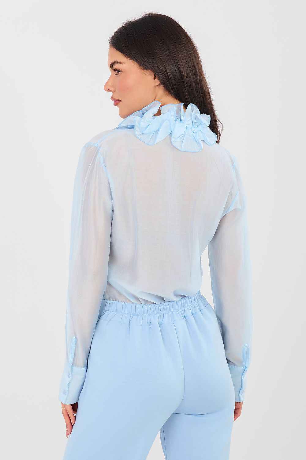 Blusa Romántica Azul Cielo con Chorrera | Camisa Semitransparente de Tencel Premium