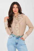 Blusa Romántica Beige Arena con Chorrera | Camisa Semitransparente de Tencel Premium