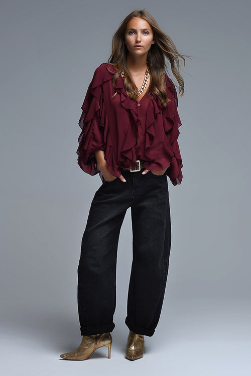 Blusa Borgoña con Cuello en V y Volantes