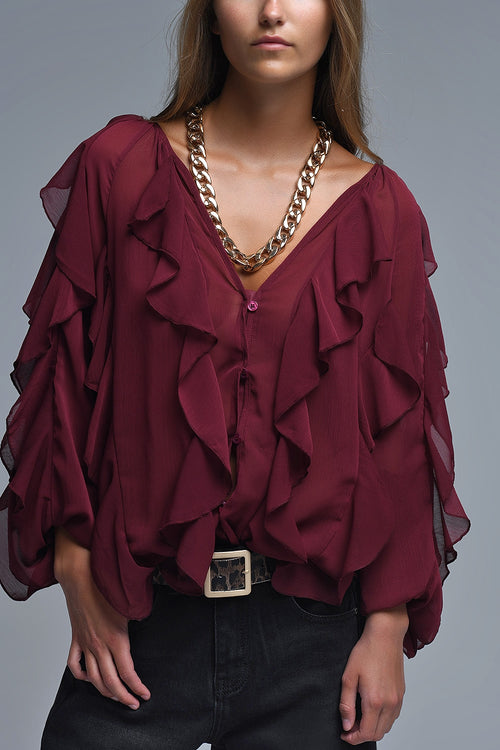 Q2 Blusa Borgoña con Cuello en V y Volantes