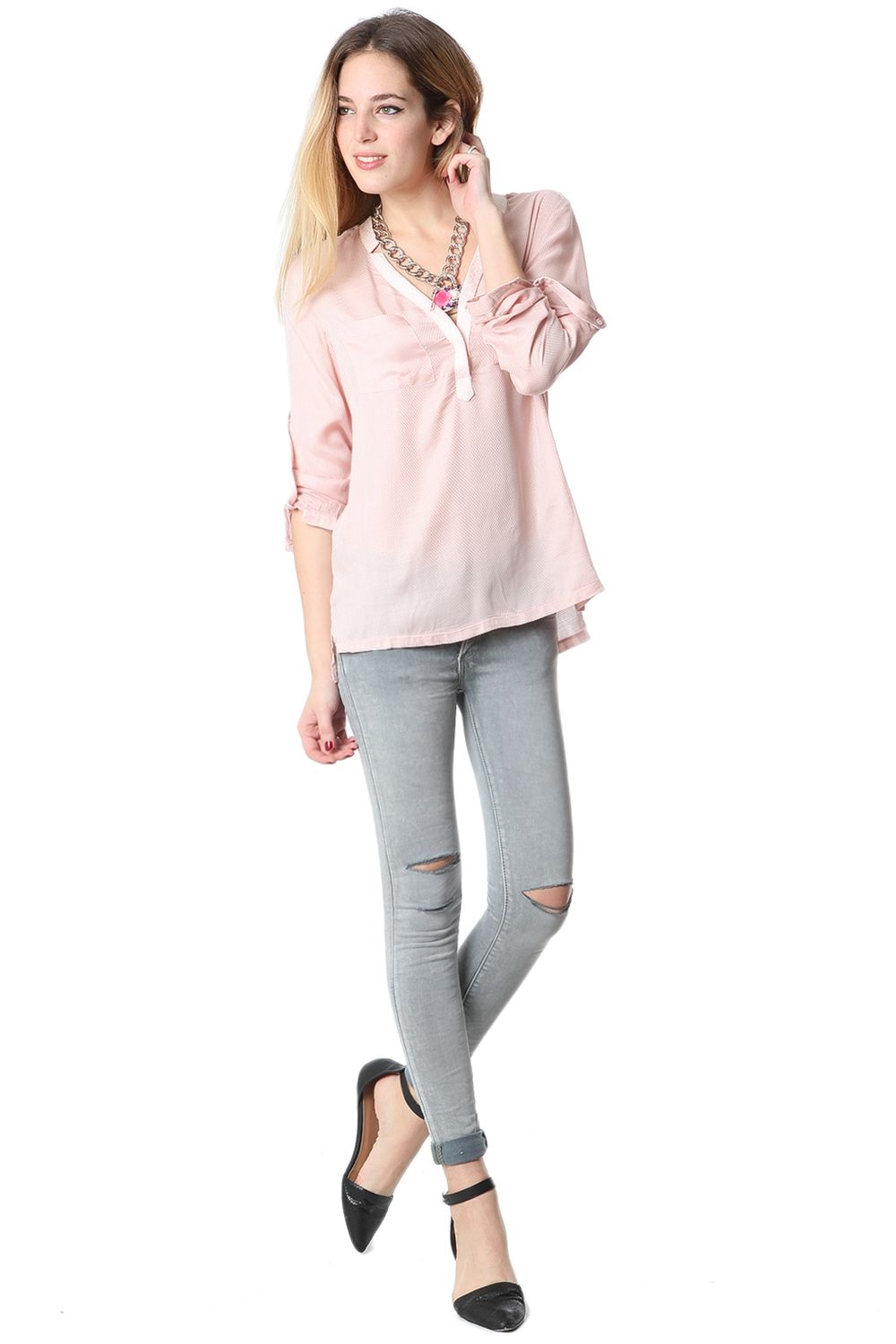 Blusa con escote de pico pronunciado y manga larga rosa