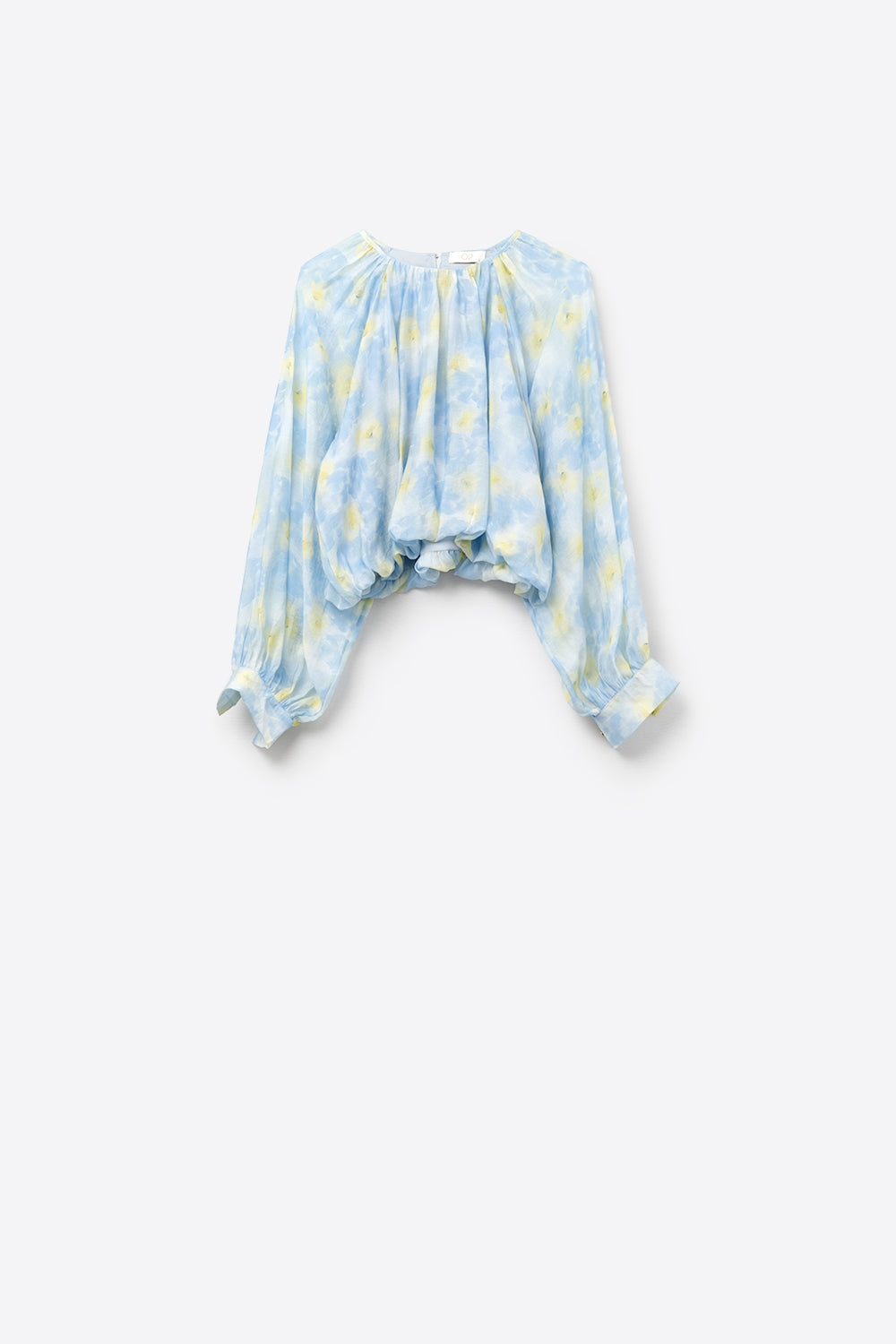 Q2 Blusa de gasa estampada azul con mangas abullonadas
