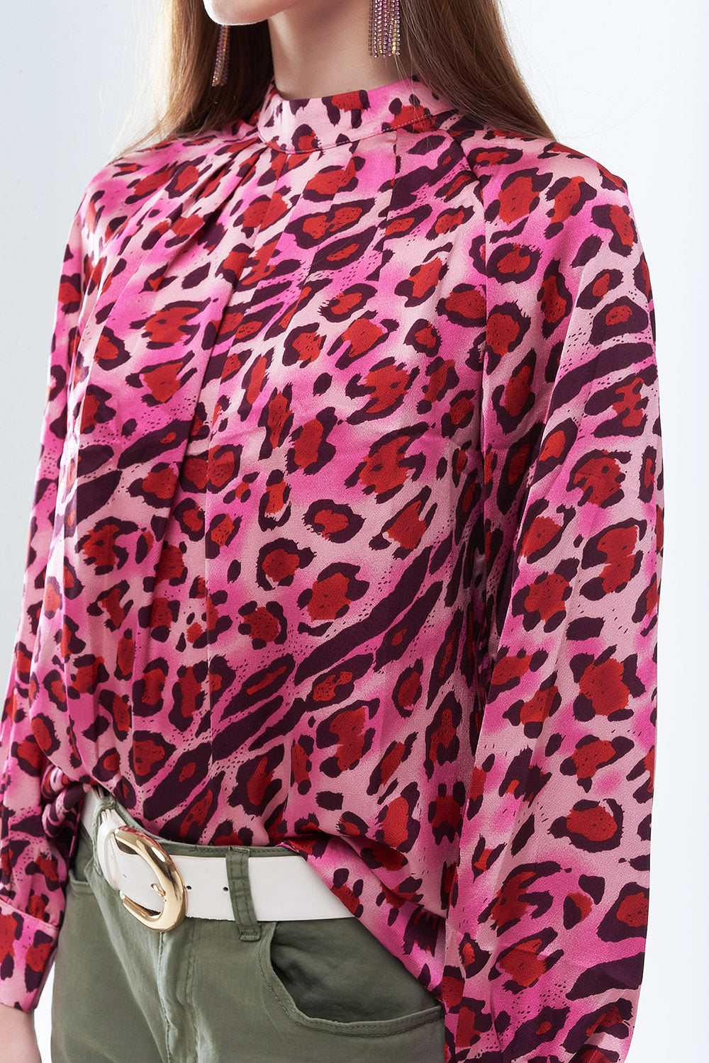 Blusa de Manga Larga en Estampado de Leopardo Fucsia a la Moda