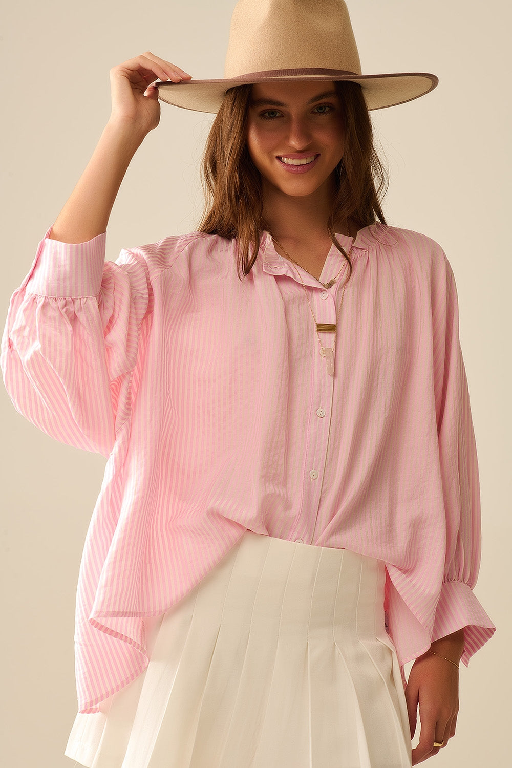 Blusa de Rayas con Mangas de Globo en Rosa