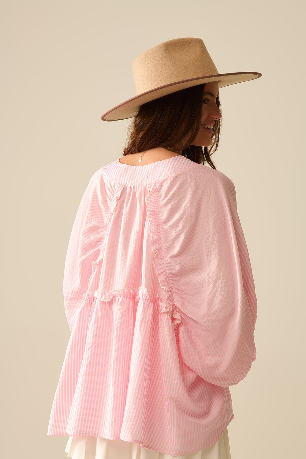 Blusa de Rayas con Mangas de Globo en Rosa