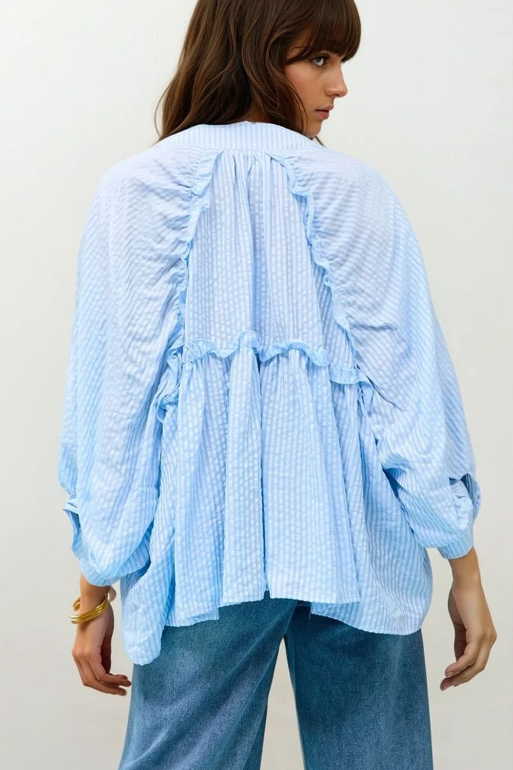 Blusa de Rayas con Mangas Globo en Azul Bebé
