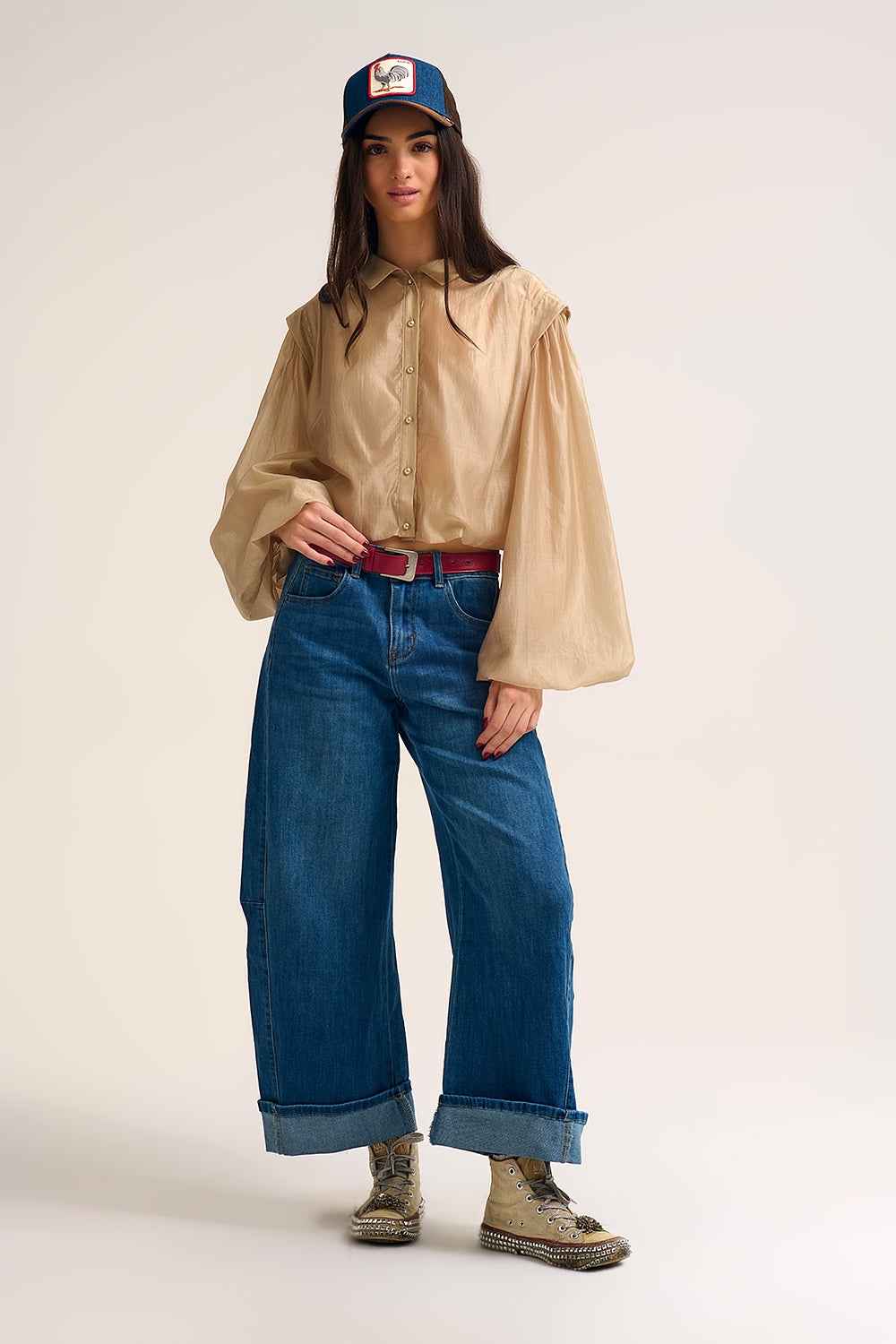 Blusa de seda Tencel con mangas globo y botones de n‡car