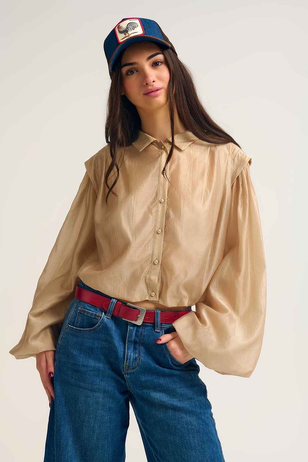 Blusa de seda Tencel con mangas globo y botones de n‡car