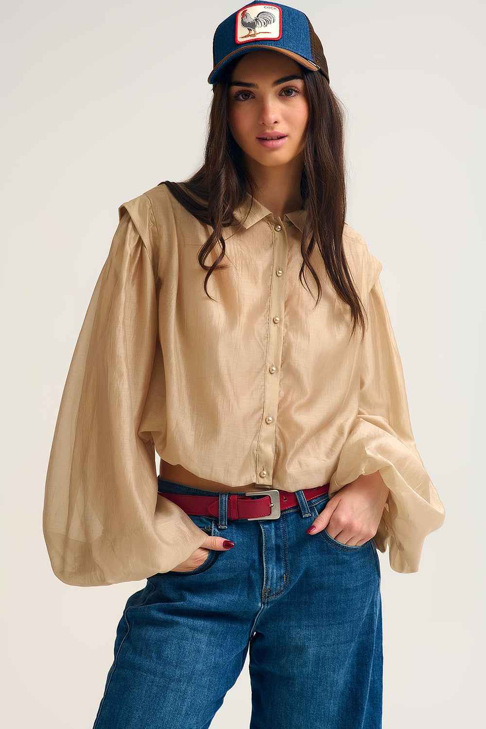 Blusa de seda Tencel con mangas globo y botones de n‡car