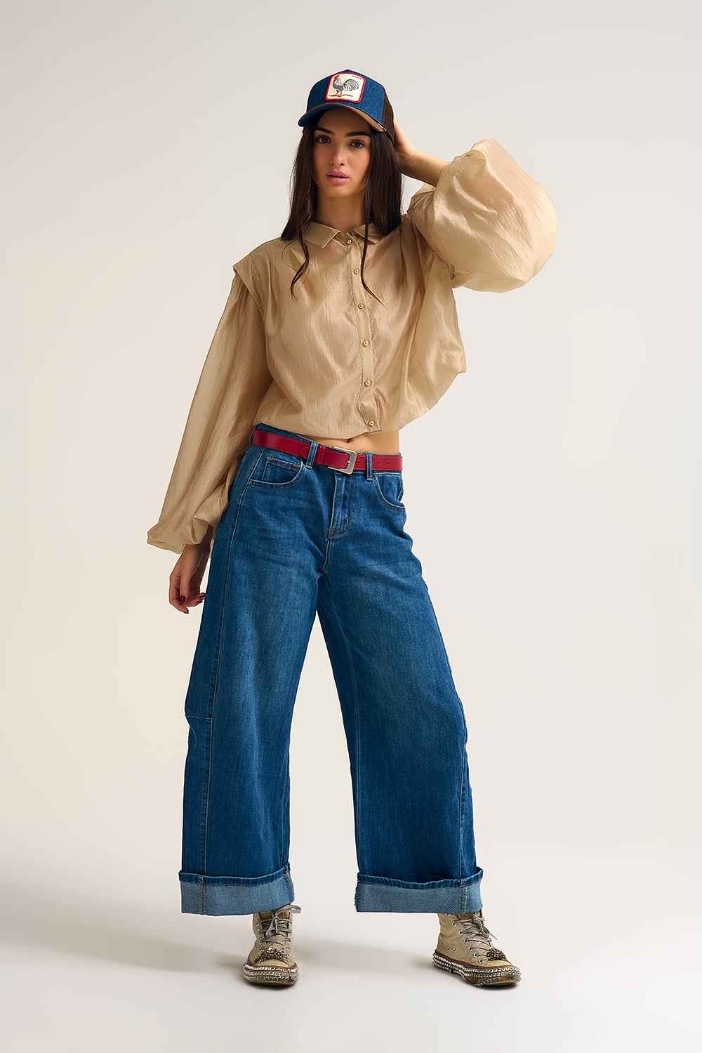 Blusa de seda Tencel con mangas globo y botones de n‡car