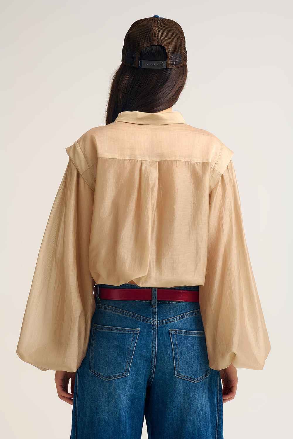Blusa de seda Tencel con mangas globo y botones de n‡car