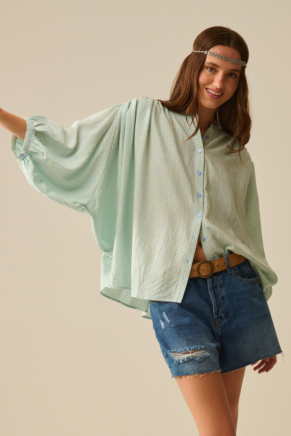 Q2 blusa holgada de cuadros de vichy azul claro