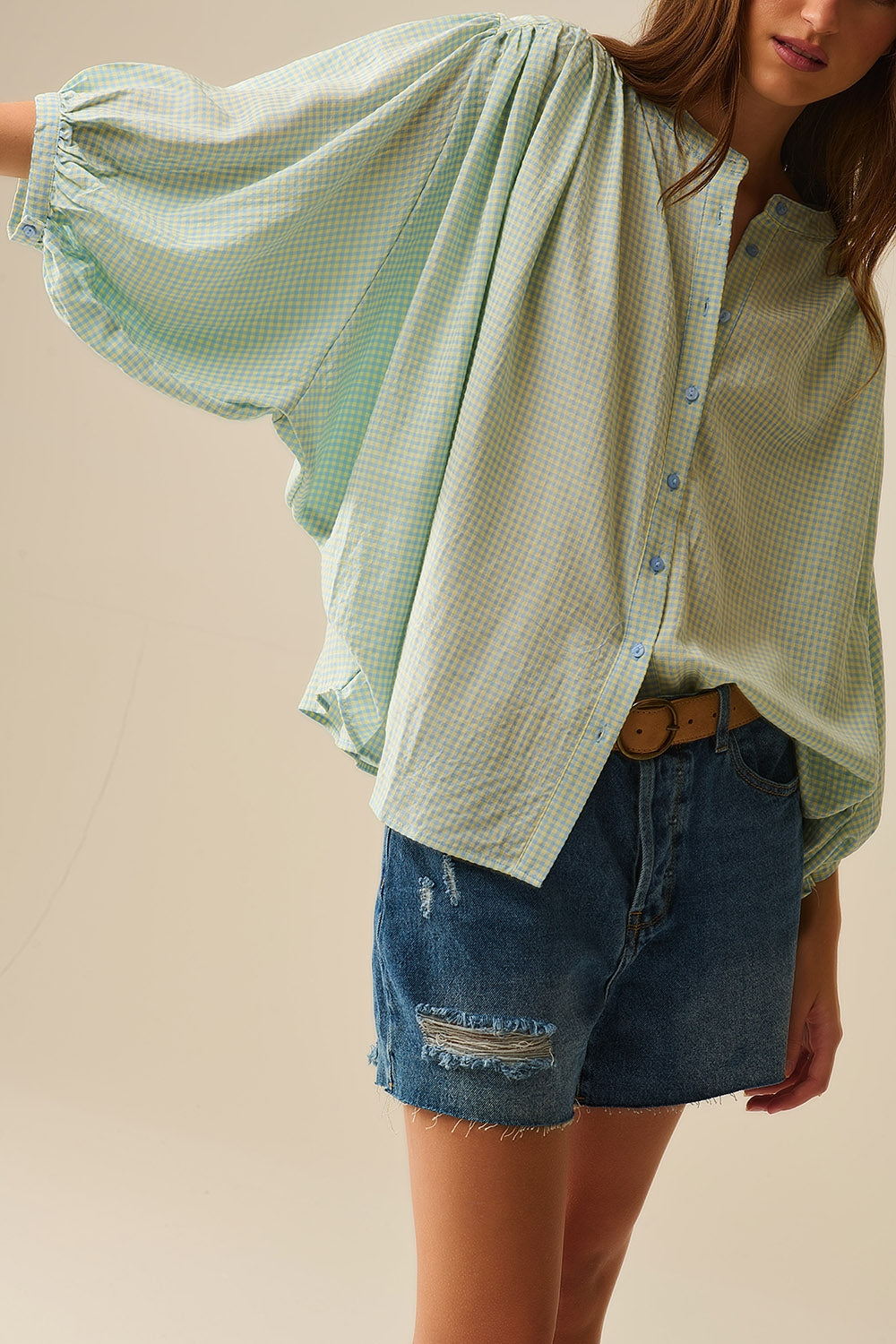 blusa holgada de cuadros de vichy azul claro
