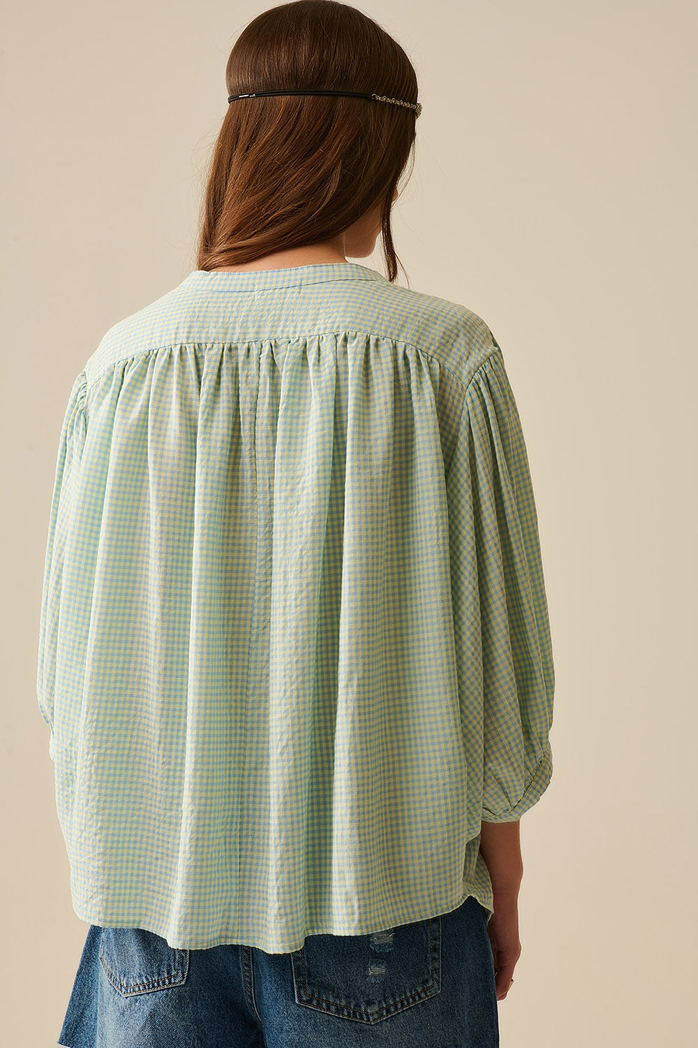 blusa holgada de cuadros de vichy azul claro