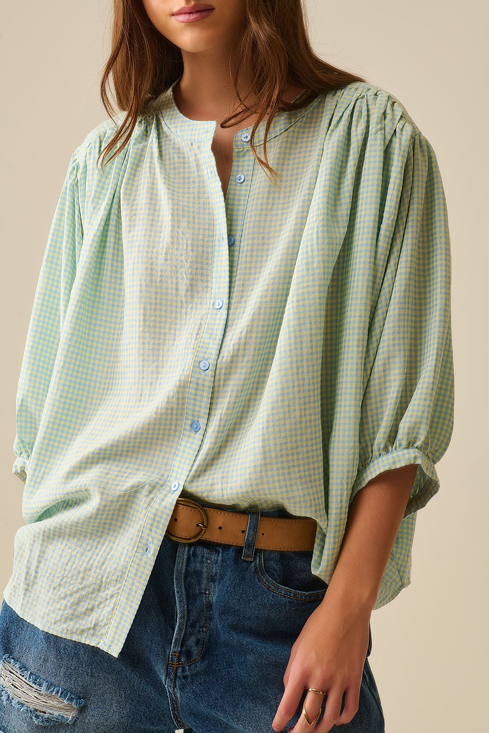 blusa holgada de cuadros de vichy azul claro