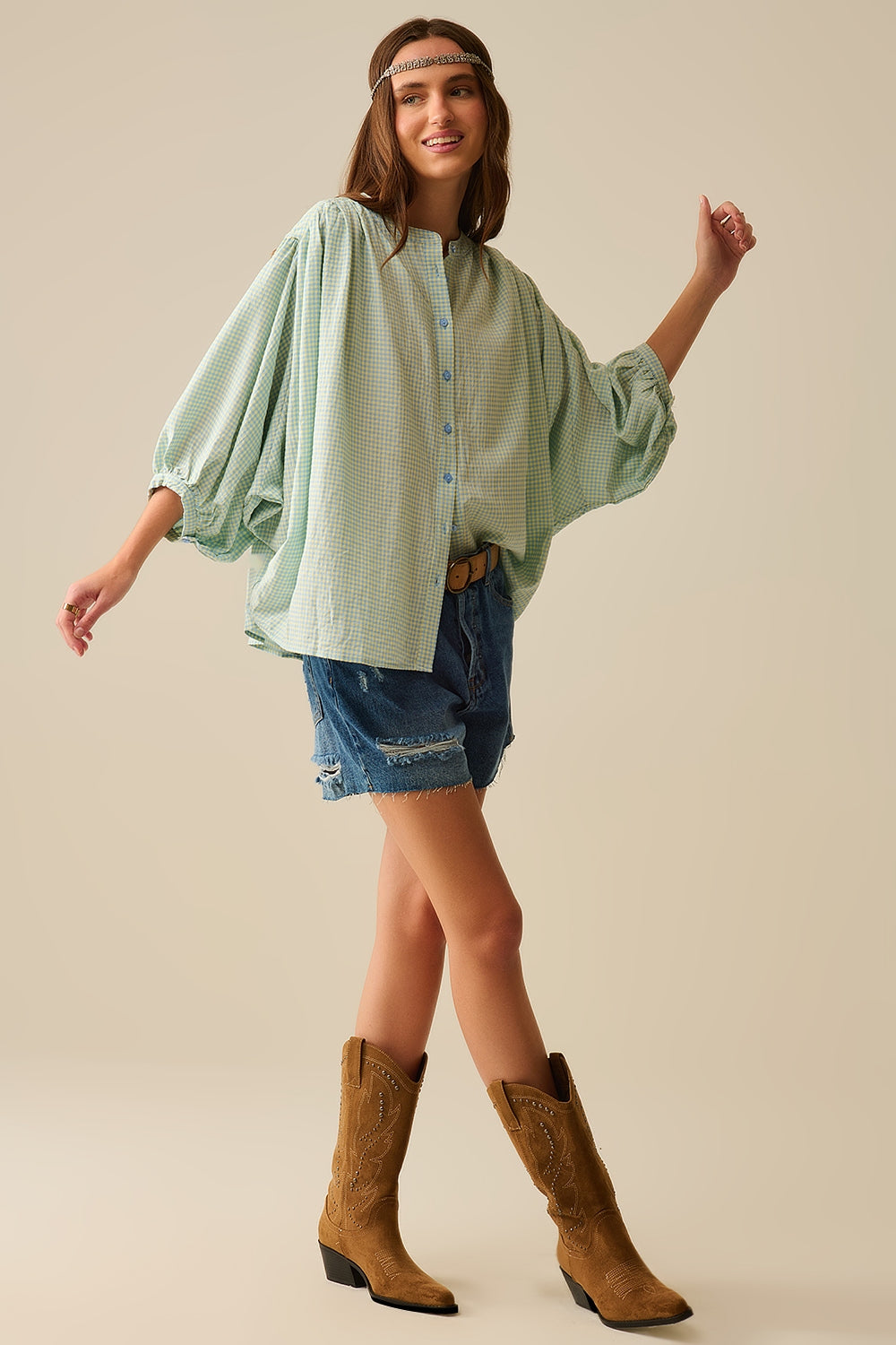 blusa holgada de cuadros de vichy azul claro