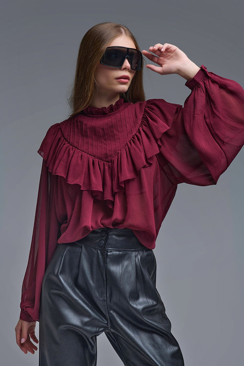 Blusa romántica de manga larga con volantes en burdeos - Blusas - detalle