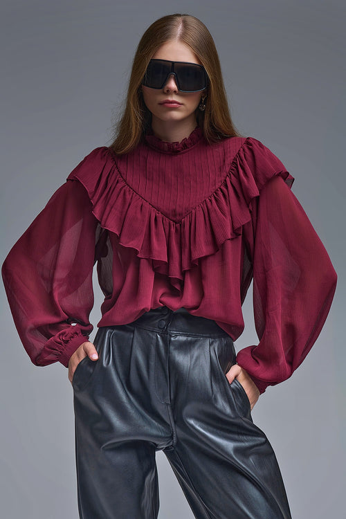 Q2 Blusa romántica de manga larga con volantes en burdeos