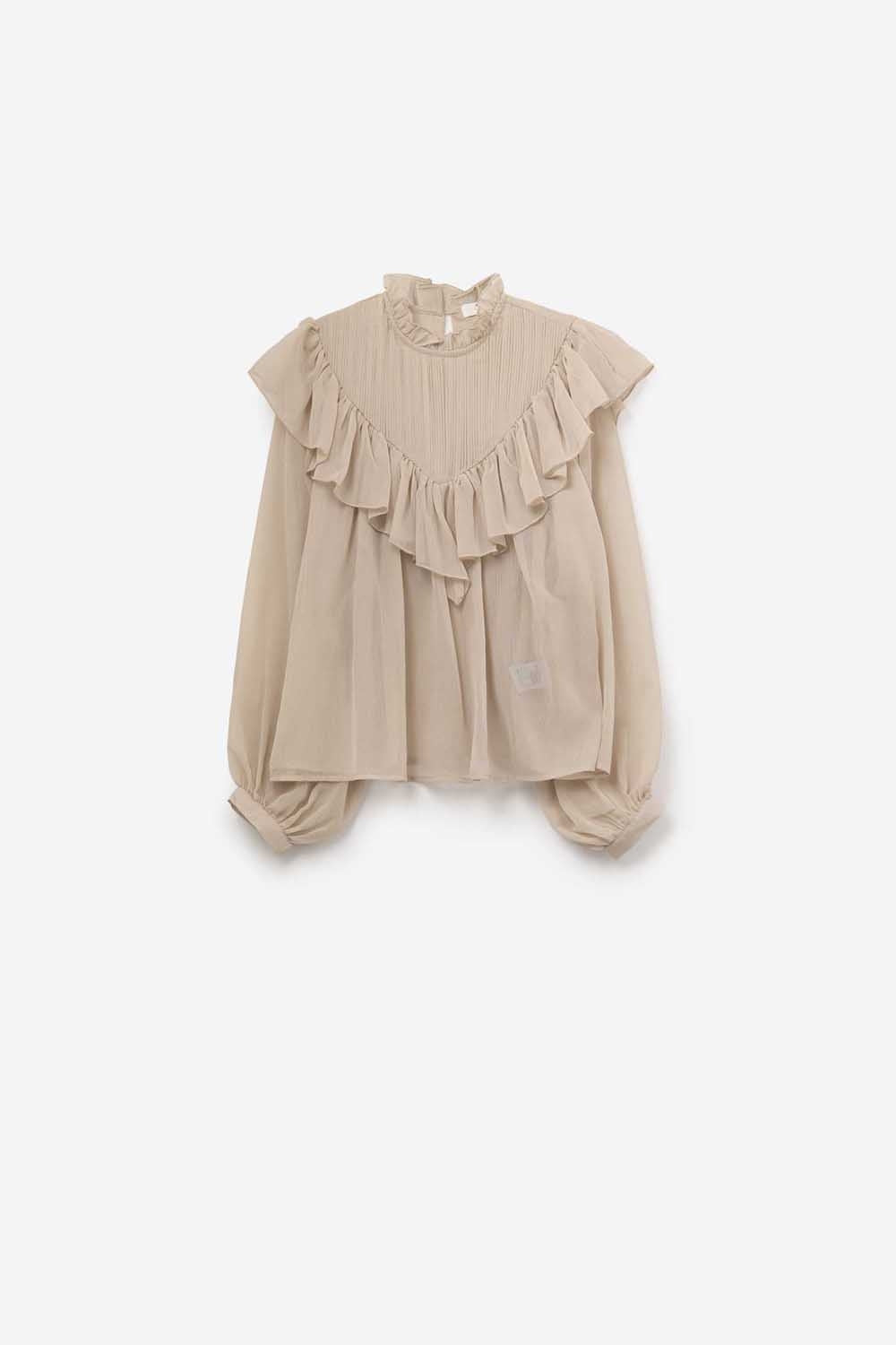 Blusa romántica de manga larga con volantes en tejido de gasa beige - Tops - detalle