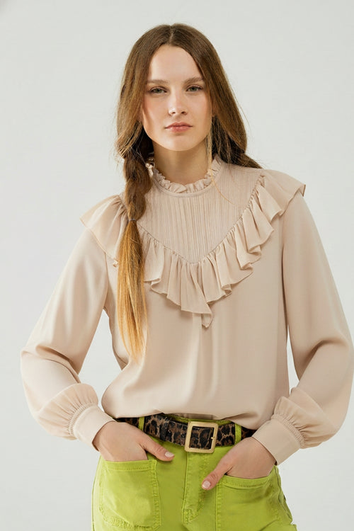 Q2 Blusa romántica de manga larga con volantes en tejido de gasa beige