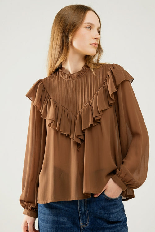 Q2 Blusa romántica marrón de manga larga con volantes en tejido de gasa