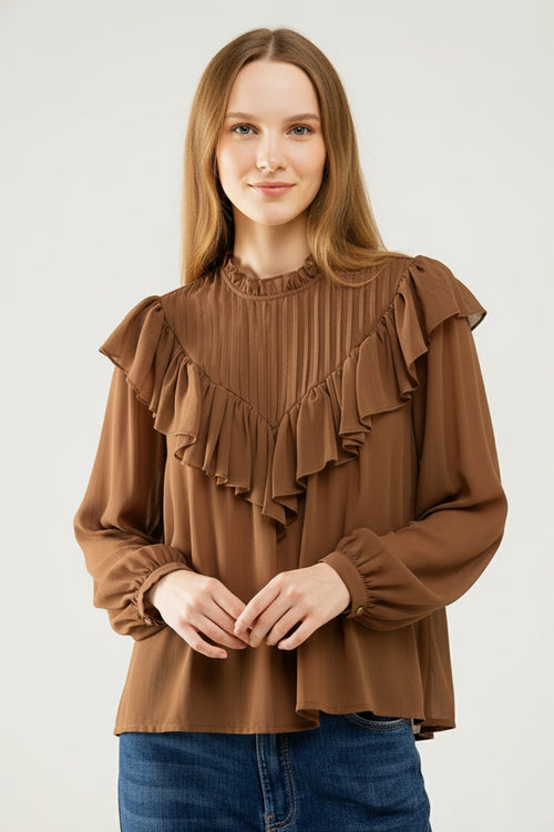 Blusa romántica marrón de manga larga con volantes en tejido de gasa