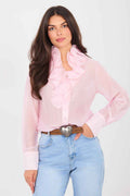 Blusa Romántica con Chorrera en Rosa Pastel | Camisa Semitransparente de Tencel Premium