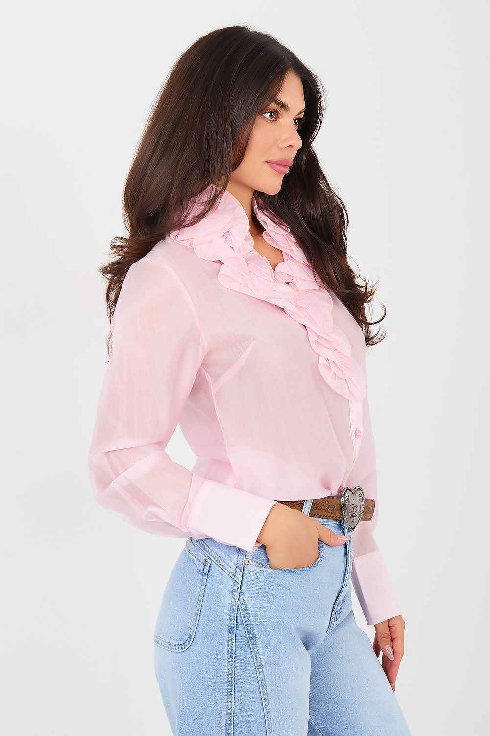 Blusa Romántica con Chorrera en Rosa Pastel | Camisa Semitransparente de Tencel Premium