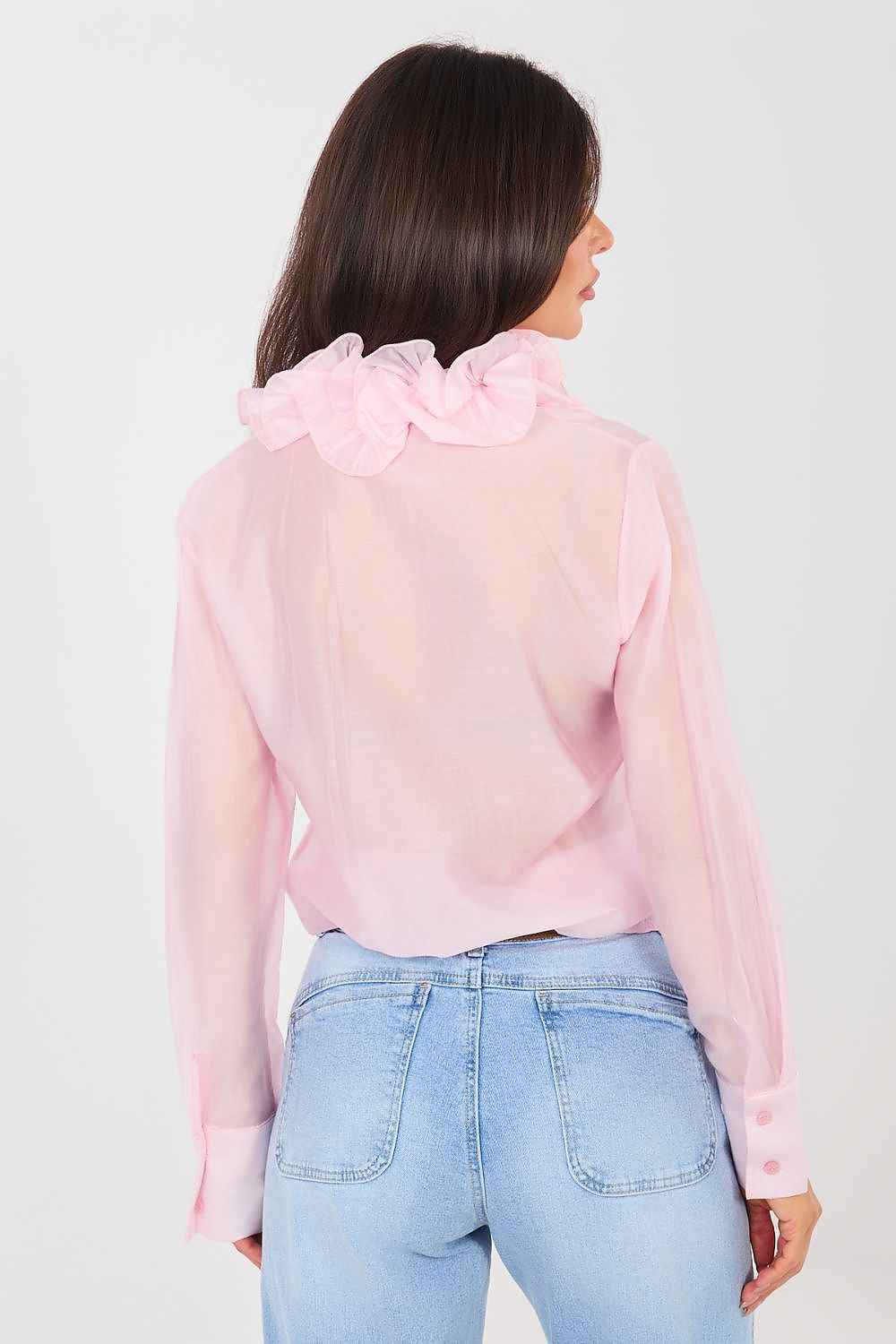 Blusa Romántica con Chorrera en Rosa Pastel | Camisa Semitransparente de Tencel Premium