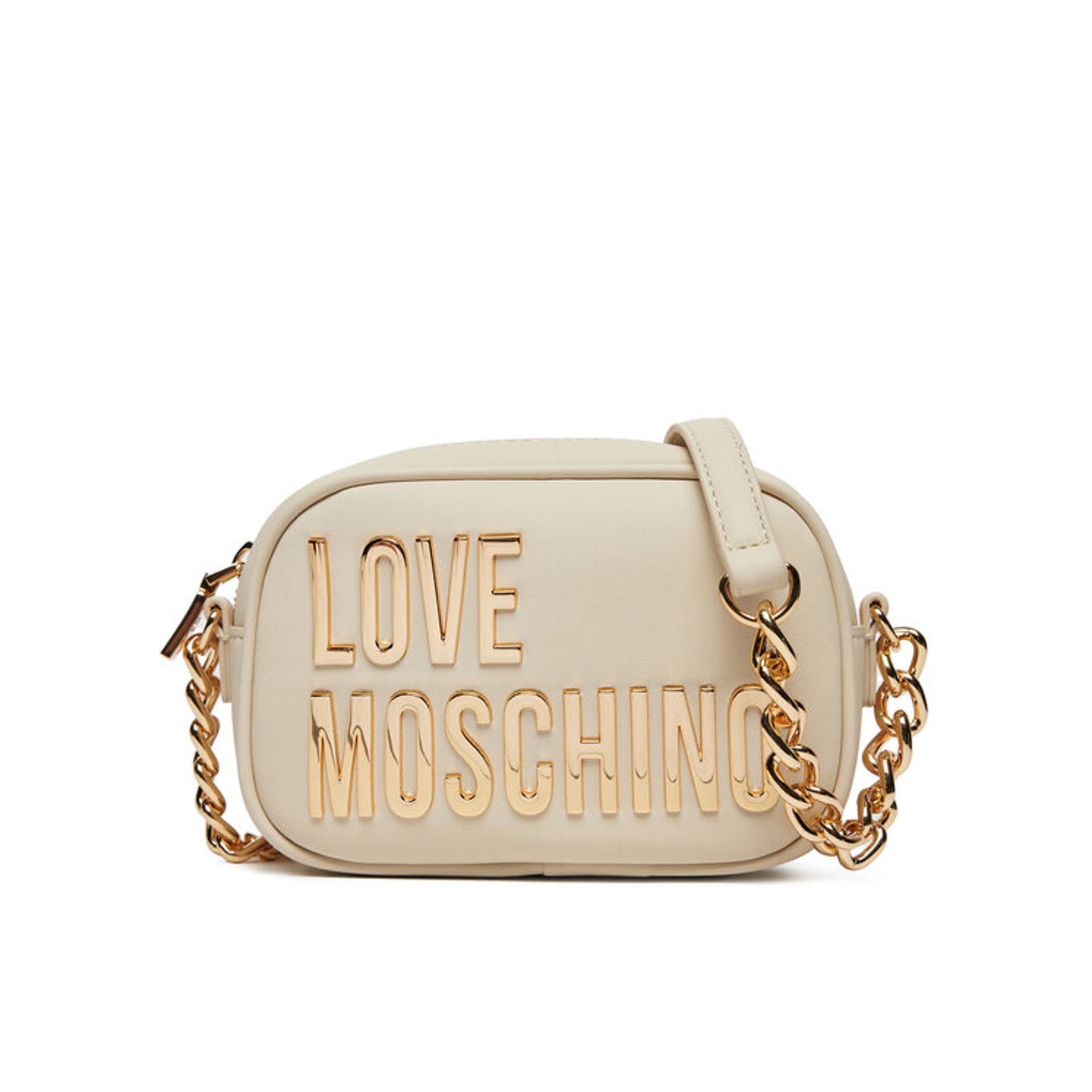 Vista frontal de bolso pequeño beige de Love Moschino con letras doradas grandes en relieve.