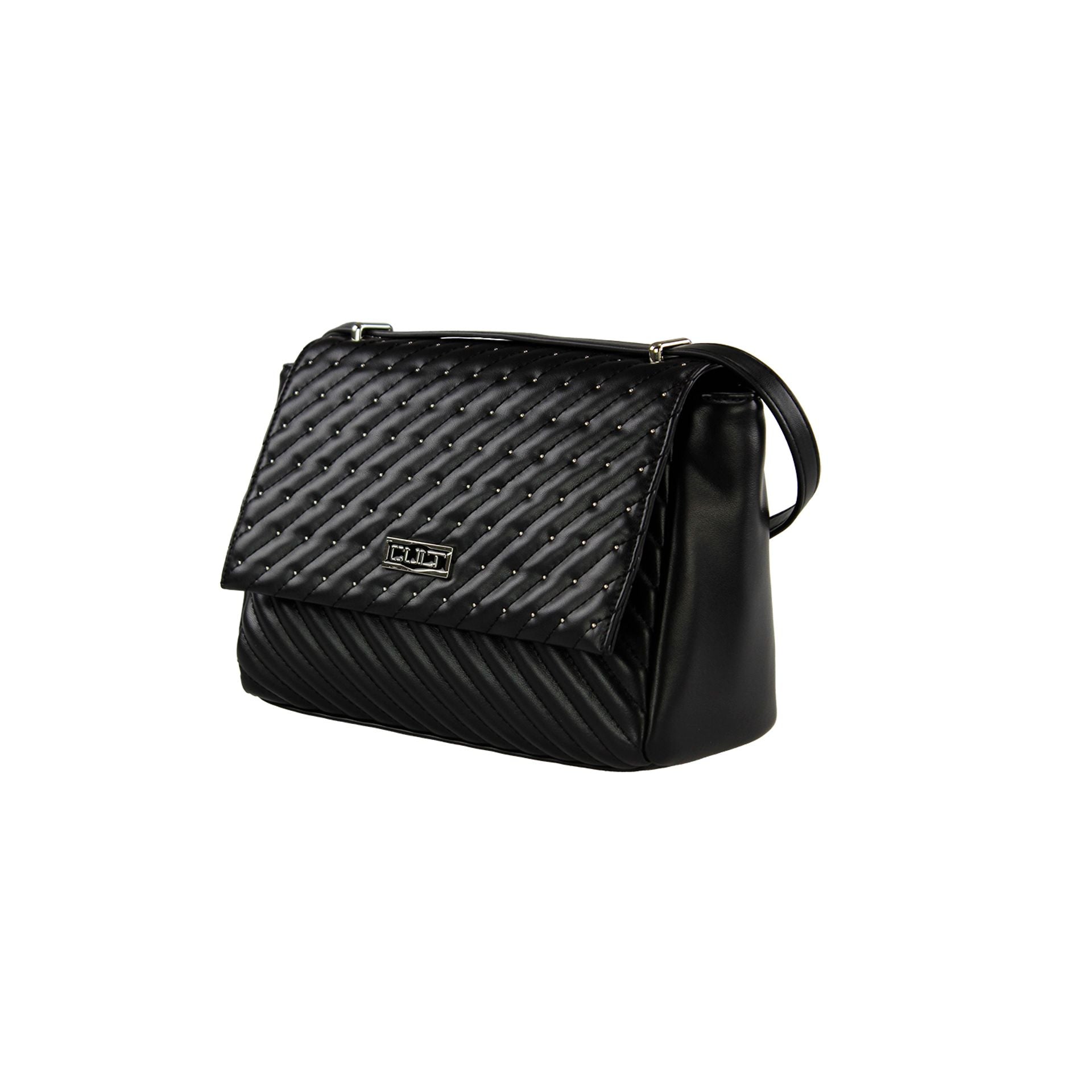 Bolso bandolera CULT negro acolchado con solapa y tachuelas metálicas.