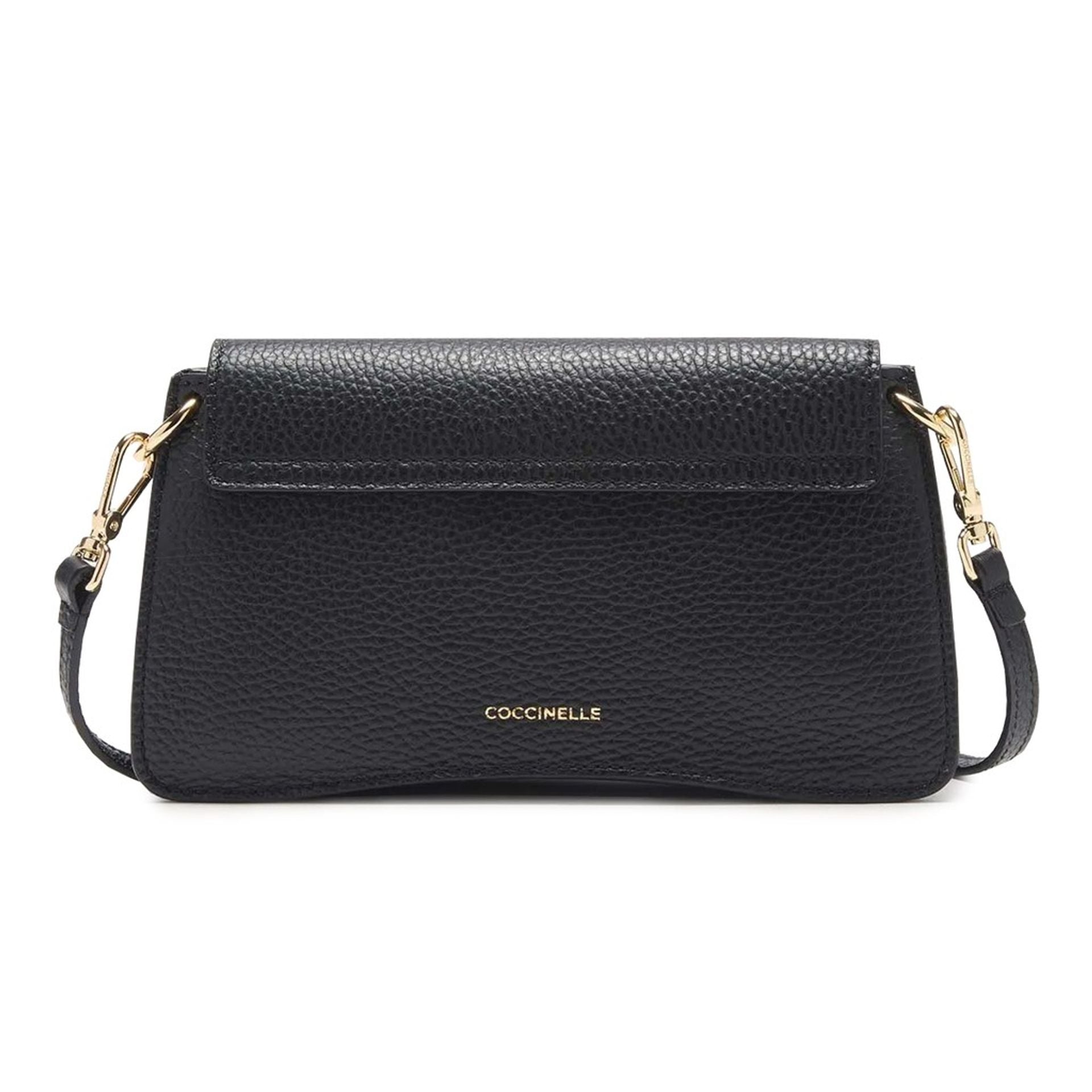Bolso bandolera Coccinelle negro de cuero con logotipo dorado en la parte trasera